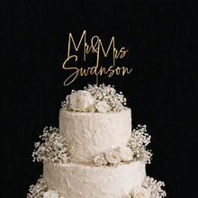 Load image into Gallery viewer, Gold Wedding cake topper, Personalized cake topper, Rustic wedding cake topper, Custom Mr Mrs topper, Anniversary Cake toppers, Wood topper
