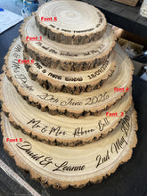 Load image into Gallery viewer, PersonaliSed Log Slice Cake Stand, Large Central Stage Engraved Rustic Wedding stand, Personalised wooden cupcake Dessert Display
