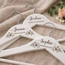 Load image into Gallery viewer, Personalised Hangers/Engraved Hangers Bride &amp; Bridesmaid/Wedding Gift/Personalized Bridal Dress Hanger/Wedding Hanger- Any FLOWERS engraved
