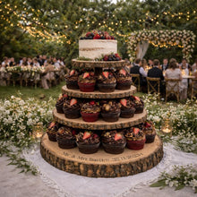 Load image into Gallery viewer, Personalized Wood Slice Cake Stand,3 Tier Engraved Rustic Stand 4 tier Wedding stand, Personalised log cupcake stand 5 tier Dessert Display
