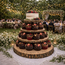 Load image into Gallery viewer, Personalized Wood Slice Cake Stand,3 Tier Engraved Rustic Stand 4 tier Wedding stand, Personalised log cupcake stand 5 tier Dessert Display
