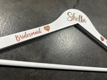 Load image into Gallery viewer, Personalised Wedding Hanger, Bride Hanger, Engraved Wooden Hanger, Bridesmaid Gift, Custom Wedding Dress Hanger, Name Role Date with hearts
