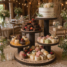 Load image into Gallery viewer, Personalized Log Slice Cake Stand, Stepped 3,4,or 5 Tier Engraved Rustic Wedding stand, Personalised wooden cupcake Dessert Display
