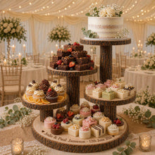 Load image into Gallery viewer, Personalized Log Slice Cake Stand, Stepped 3,4,or 5 Tier Engraved Rustic Wedding stand, Personalised wooden cupcake Dessert Display
