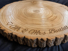 Load image into Gallery viewer, Personalized Wood Slice Cake Stand, Premium quality Varnished Engraved Rustic Wedding Display stand, Personalised log Slice
