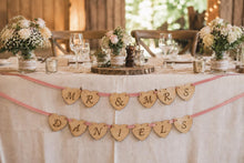 Load image into Gallery viewer, Wooden Wedding Sign Bunting Rustic Heart Garland, Top table, Cards, Dessert cart OR Any personalisation
