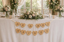 Load image into Gallery viewer, Wooden Wedding Sign Bunting Rustic Heart Garland, Top table, Cards, Dessert cart OR Any personalisation
