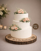 Load image into Gallery viewer, Personalized Wood Slice Cake Stand, Engraved Rustic Wedding Display stand, Personalised Engraved log, Engagment Dessert plate with Roses
