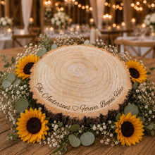 Load image into Gallery viewer, Personalised log Slice Cake Stand, Engraved Rustic wooden Wedding Display stand, Personalized Engraved tree slice, Engagement Dessert Board
