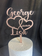Load image into Gallery viewer, Personalized Wedding Cake Topper with date , Couples names Cake Toppers for Wedding, Rustic Wedding Cake Topper, Custom Wedding Cake Topper
