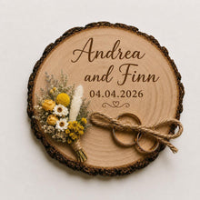 Load image into Gallery viewer, Personalised Wedding ring holder, Rustic Wood log ring cushion with dried flowers, wedding rings log slice , wedding gift

