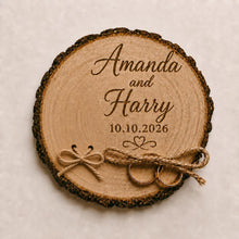 Load image into Gallery viewer, Personalised Wedding ring holder, Rustic Wood log ring cushion with dried flowers, wedding rings log slice , wedding gift
