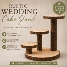 Load image into Gallery viewer, Personalized Log Slice Cake Stand, Stepped 3,4,or 5 Tier Engraved Rustic Wedding stand, Personalised wooden cupcake Dessert Display
