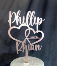 Load image into Gallery viewer, Personalized Wedding Cake Topper with date , Couples names Cake Toppers for Wedding, Rustic Wedding Cake Topper, Custom Wedding Cake Topper
