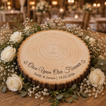 Load image into Gallery viewer, Personalised Wood Slice Cake Stand, Engraved Phrase Rustic Wedding Display stand, Personalised Engraved log Slice, Engagement Dessert Board
