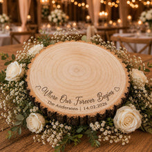 Load image into Gallery viewer, Personalised Wood Slice Cake Stand, Engraved Phrase Rustic Wedding Display stand, Personalised Engraved log Slice, Engagement Dessert Board
