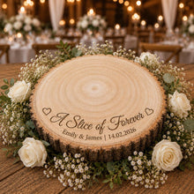Load image into Gallery viewer, Personalised Wood Slice Cake Stand, Engraved Phrase Rustic Wedding Display stand, Personalised Engraved log Slice, Engagement Dessert Board
