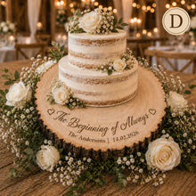 Load image into Gallery viewer, Personalised Wood Slice Cake Stand, Engraved Phrase Rustic Wedding Display stand, Personalised Engraved log Slice, Engagement Dessert Board
