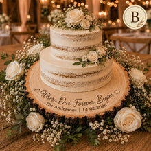 Load image into Gallery viewer, Personalised Wood Slice Cake Stand, Engraved Phrase Rustic Wedding Display stand, Personalised Engraved log Slice, Engagement Dessert Board
