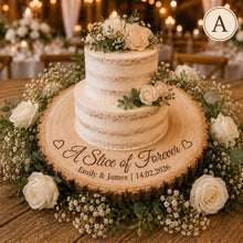 Load image into Gallery viewer, Personalised Wood Slice Cake Stand, Engraved Phrase Rustic Wedding Display stand, Personalised Engraved log Slice, Engagement Dessert Board
