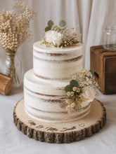 Load image into Gallery viewer, Personalized Wood Slice Cake Stand, Premium quality Varnished Engraved Rustic Wedding Display stand, Personalised log Slice
