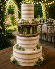 Load image into Gallery viewer, Personalised log slice, Rustic Floral Halo Wood Cake Stand – Wedding Display tree Slice Floral Cake Display Wedding Cake Stand
