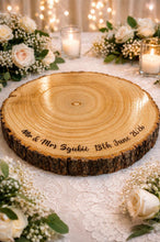 Load image into Gallery viewer, Personalized Wood Slice Cake Stand, Premium quality Varnished Engraved Rustic Wedding Display stand, Personalised log Slice
