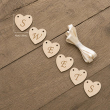 Load image into Gallery viewer, Wooden Wedding Sign Bunting Rustic Heart Garland, Top table, Cards, Dessert cart OR Any personalisation
