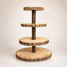 Load image into Gallery viewer, Personalized Wood Slice Cake Stand,3 Tier Engraved Rustic Stand 4 tier Wedding stand, Personalised log cupcake stand 5 tier Dessert Display

