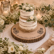 Load image into Gallery viewer, Personalized Wood Slice Cake Stand, Engraved Rustic Wedding stand, Personalised log Engagment Display Board with Sunflowers &amp; Bees
