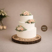 Load image into Gallery viewer, Personalized Wood Slice Cake Stand, Engraved Rustic Wedding Display stand, Personalised Engraved log, Engagment Dessert plate with Roses
