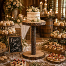 Load image into Gallery viewer, 80cm Tall Rustic Wedding Cake Table, Personalised Wood Log Cake Stand, Floor Standing Cake Pedestal, Engraved Wooden Cake Display
