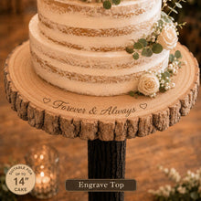 Load image into Gallery viewer, 80cm Tall Rustic Wedding Cake Table, Personalised Wood Log Cake Stand, Floor Standing Cake Pedestal, Engraved Wooden Cake Display
