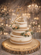 Load image into Gallery viewer, Personalized log Slice Cake Stand, Engraved Rustic wooden Wedding Display stand, Personalised Engraved log Slice, Engagement Dessert Board
