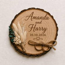 Load image into Gallery viewer, Personalised Wedding ring holder, Rustic Wood log ring cushion with dried flowers, wedding rings log slice , wedding gift
