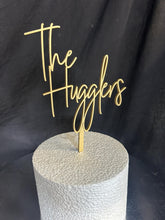 Load image into Gallery viewer, Personalised Cake Topper, Custom Surname Topper, Rustic Wood Last Name topper, Wooden Cake Decoration, Bride and Groom Cake Topper
