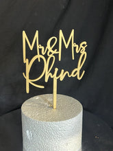 Load image into Gallery viewer, Gold Wedding cake topper, Personalized cake topper, Rustic wedding cake topper, Custom Mr Mrs topper, Anniversary Cake toppers, Wood topper
