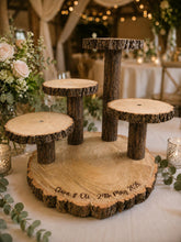 Load image into Gallery viewer, Personalized Log Slice Cake Stand, Stepped 3,4,or 5 Tier Engraved Rustic Wedding stand, Personalised wooden cupcake Dessert Display
