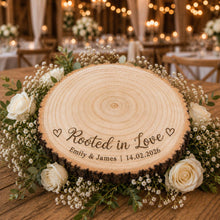 Load image into Gallery viewer, Personalised Wood Slice Cake Stand, Engraved Phrase Rustic Wedding Display stand, Personalised Engraved log Slice, Engagement Dessert Board
