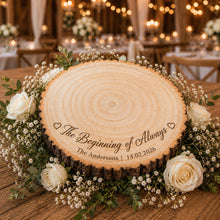 Load image into Gallery viewer, Personalised Wood Slice Cake Stand, Engraved Phrase Rustic Wedding Display stand, Personalised Engraved log Slice, Engagement Dessert Board
