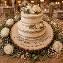 Load image into Gallery viewer, Personalised Wood Slice Cake Stand, Engraved Phrase Rustic Wedding Display stand, Personalised Engraved log Slice, Engagement Dessert Board
