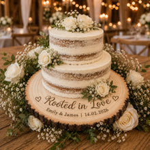 Load image into Gallery viewer, Personalised Wood Slice Cake Stand, Engraved Phrase Rustic Wedding Display stand, Personalised Engraved log Slice, Engagement Dessert Board
