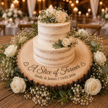 Load image into Gallery viewer, Personalised Wood Slice Cake Stand, Engraved Phrase Rustic Wedding Display stand, Personalised Engraved log Slice, Engagement Dessert Board
