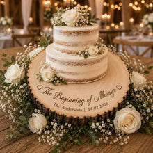 Load image into Gallery viewer, Personalised Wood Slice Cake Stand, Engraved Phrase Rustic Wedding Display stand, Personalised Engraved log Slice, Engagement Dessert Board
