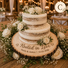 Load image into Gallery viewer, Personalised Wood Slice Cake Stand, Engraved Phrase Rustic Wedding Display stand, Personalised Engraved log Slice, Engagement Dessert Board
