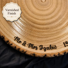 Load image into Gallery viewer, Personalized Wood Slice Cake Stand, Premium quality Varnished Engraved Rustic Wedding Display stand, Personalised log Slice
