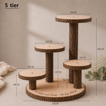 Load image into Gallery viewer, Personalized Log Slice Cake Stand, Stepped 3,4,or 5 Tier Engraved Rustic Wedding stand, Personalised wooden cupcake Dessert Display
