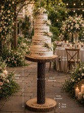 Load image into Gallery viewer, 80cm Tall Rustic Wedding Cake Table, Personalised Wood Log Cake Stand, Floor Standing Cake Pedestal, Engraved Wooden Cake Display
