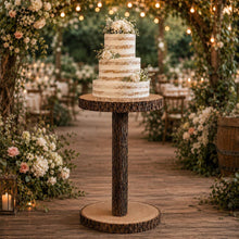 Load image into Gallery viewer, 80cm Tall Rustic Wedding Cake Table, Personalised Wood Log Cake Stand, Floor Standing Cake Pedestal, Engraved Wooden Cake Display
