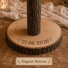 Load image into Gallery viewer, 80cm Tall Rustic Wedding Cake Table, Personalised Wood Log Cake Stand, Floor Standing Cake Pedestal, Engraved Wooden Cake Display
